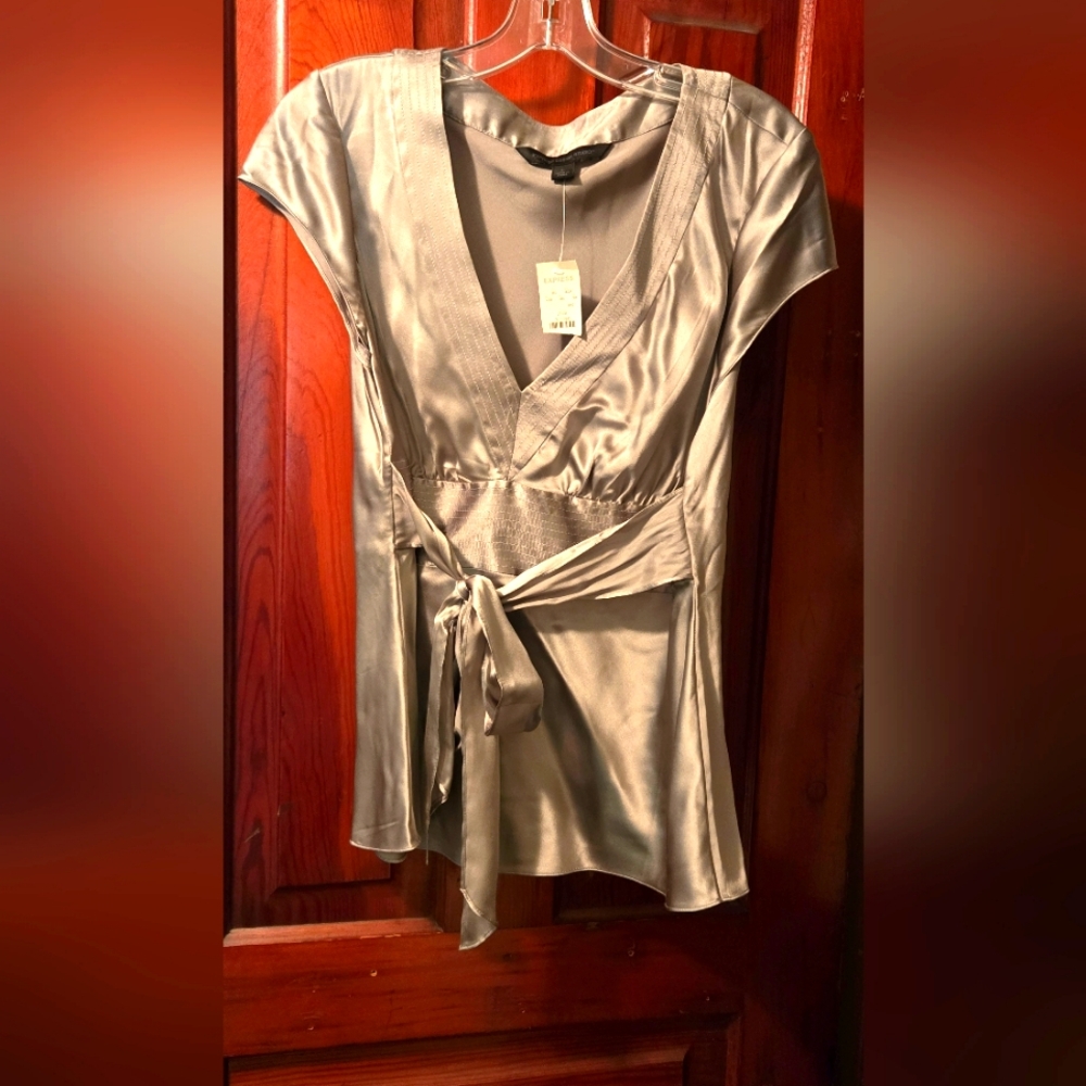 Short sleeve satin like material grey front tie, v-neck blouse from express